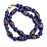 Beautiful Vintage Blue Floral ART Fancy and Chevron GLASS beads necklace